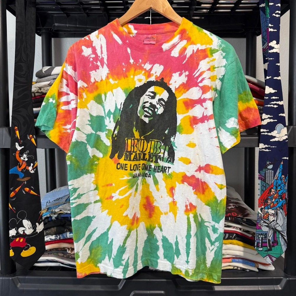 Vintage Bob Marley Tie Dye Graphic T Shirt Milano Star Reggae Jamaica Mens L